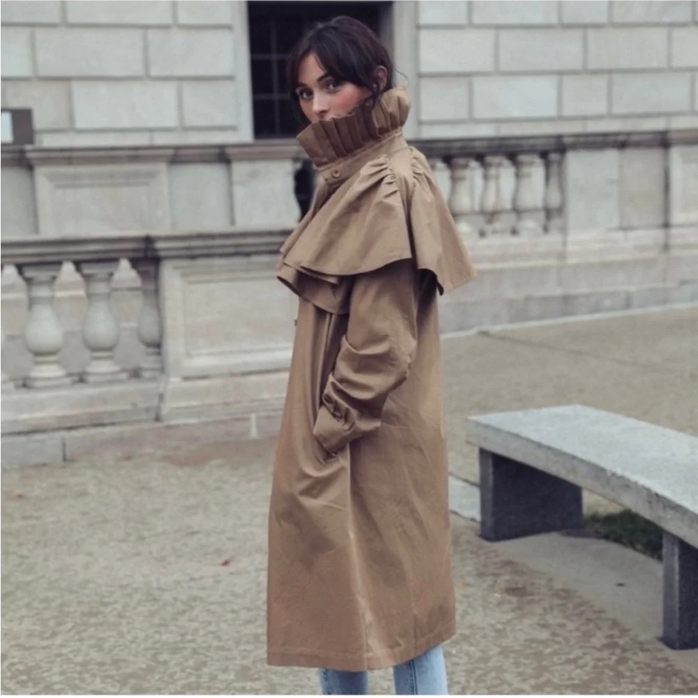 Women’s Camel Trench Coat with Ruffle Cape Detail - Picture 2 of 16
